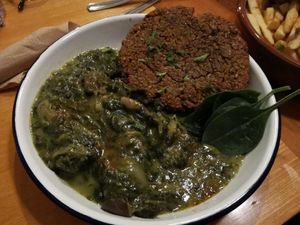 Cremy spinach fungi with fried artichoke at Szabad Bisztro in Budapest