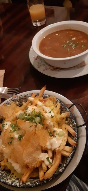 Loaded fries and Gulash at Szabad Bisztro in Budapest