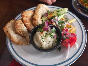 Aubergine dip, with vegetables and pita bread at Szabad Bisztro in Budapest