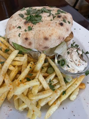 No-chicken burger, super good and really tasty sauce.  at Szabad Bisztro in Budapest