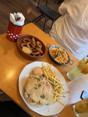 Zucchini burger, carbonara and onion rings  at Szabad Bisztro in Budapest