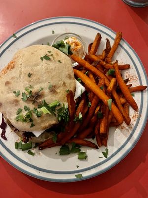 Oat Burger with Carrot Fries  at Szabad Bisztro in Budapest