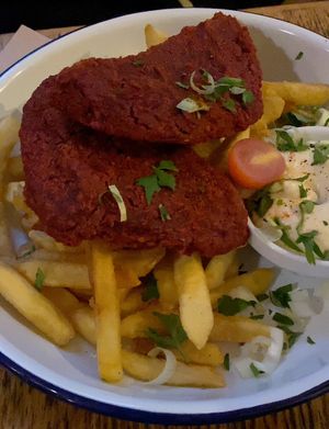 Beetroot patty and fries  at Szabad Bisztro in Budapest
