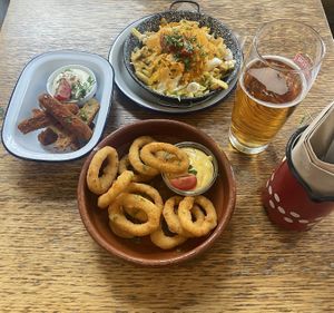 notChicken with mayo, onion rings with “cheese” sauce and dirty style fries  at Szabad Bisztro in Budapest