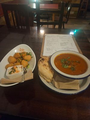 Cheese nuggets with horseradish mayo. And bean goulash at Szabad Bisztro in Budapest