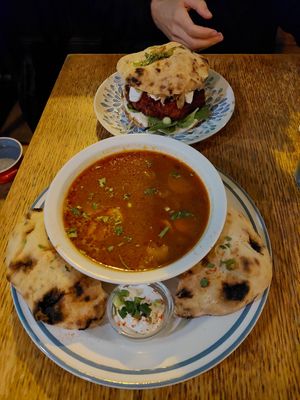 Bean goulash soup (large) with flatbread and beetroot burger in flatbread at Szabad Bisztro in Budapest