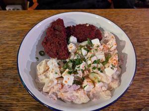 Beetroot party with potato salad at Szabad Bisztro in Budapest