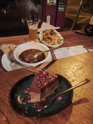 Goulash soup, Cashew pasta and raw cake at Szabad Bisztro in Budapest