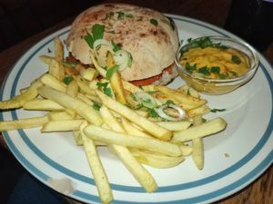 Balkan burger with fries and no-cheese-sauce at Szabad Bisztro in Budapest