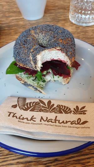 After I had a bite of delicious beetroot and tzatziki bagel. at Szabad Bisztro in Budapest