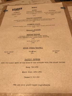 Menu at Szabad Bisztro in Budapest
