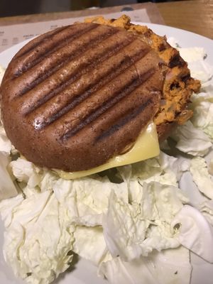 Yummy toasted sandwich with “seed cream”, onion-paprika mix, and vegan cheese.  Comes with raw cabbage as “salad” at Szabad Bisztro in Budapest