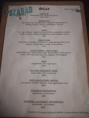 Menu card at Szabad Bisztro in Budapest