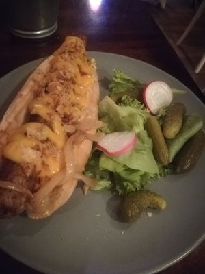 Hot dog with pickles at Szabad Bisztro in Budapest