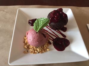 Chocolate cake with red fruits ice cream - deliiiicious. at Banana Verde in Sao Paulo