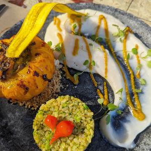 Bobó in a tiny pumpkin, with Brokkoli rice and manjok paste at Banana Verde in Sao Paulo