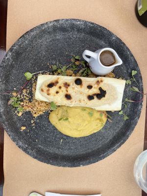 “Pupunha” with vegan creamy sauce and “mandioquinha” pure    at Banana Verde in Sao Paulo