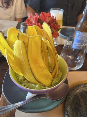Guac and banana chips   at Banana Verde in Sao Paulo