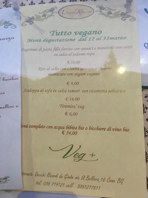 the changing vegan menu at Vecchi Ricordi da Gimbo in Cene