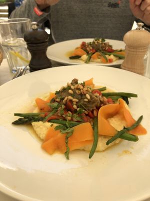 Polenta with gently steamed vegetables  at Les Trois Lys in Condom