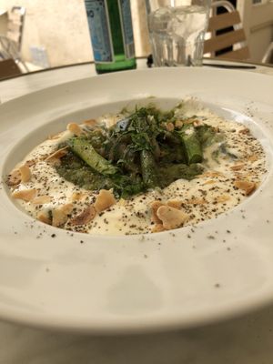 Spring vegetable risotto with almond cream at Les Trois Lys in Condom