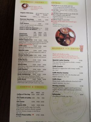 Drinks menu at Urth Caffe in Riyadh