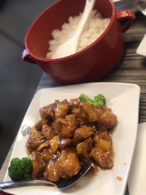 Vegetarian orange chicken and steamed rice  at Rui's Shanghai Bistro in Redlands