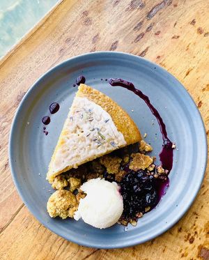 Vegan lavender cake with blueberry compote, oat streusel, and lime sherbet  at Greens Restaurant in San Francisco
