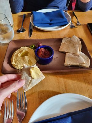 Pita bread with tomato jam and hummus at Greens Restaurant in San Francisco