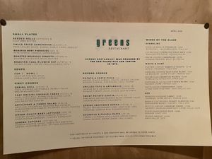Menú   at Greens Restaurant in San Francisco