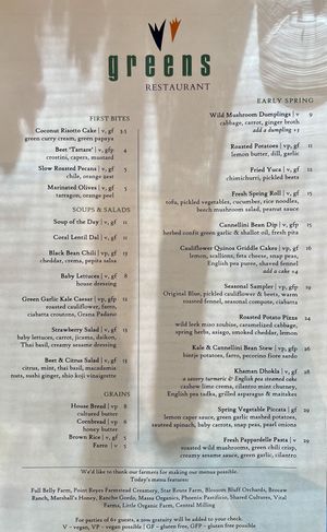 Menu  at Greens Restaurant in San Francisco