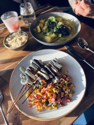 Tofu skewers and thai green curryy  at Greens Restaurant in San Francisco
