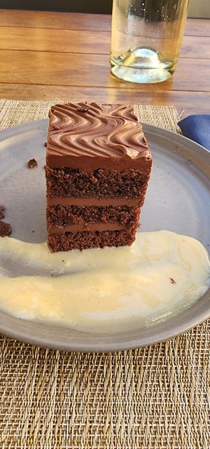 Holy chocolate cake with a vanilla sauce at Greens Restaurant in San Francisco