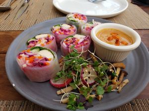 Fresh Spring Roll with beech mushroom salad and peanut sauce at Greens Restaurant in San Francisco