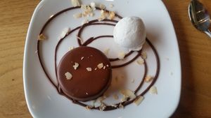 Chocolate mouse with coconut ice cream, vegan at Greens Restaurant in San Francisco