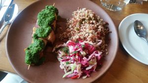 A very fancy vegetable an tofu skewer, rice and cabbage. at Greens Restaurant in San Francisco