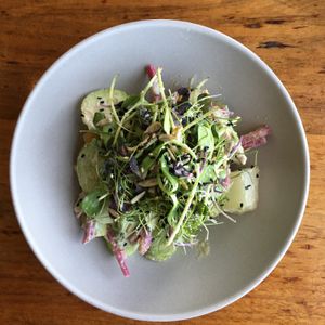 Summer Cucumber, Melon, and Brokaw Avocado Salad with toasted sesame and sunflower seeds, sprouts, watermelon radish, crispy shallots, and miso sunflower seed dressing at Greens Restaurant in San Francisco