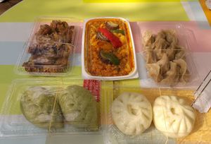 Mostly Chinese food but there was also Indian chana dal (top-center) at Loving Hut in Tokyo