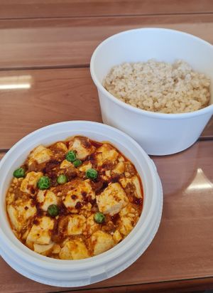 Mapo Tofu and brown rice at Loving Hut in Tokyo
