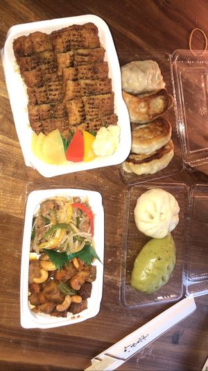 Gyoza, steamed buns, unagi and tofu  at Loving Hut in Tokyo