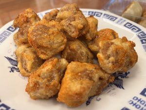 Karaage with garlic. Amazing!!!!!  at Loving Hut in Tokyo