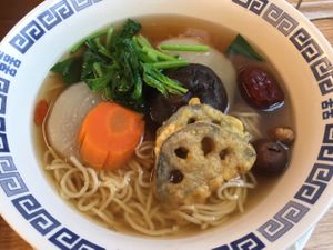specialty noodle soup  at Loving Hut in Tokyo