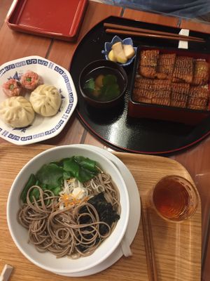 Soba, pork buns & eel set at Loving Hut in Tokyo