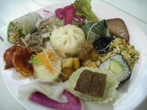 Selection of food from lunch buffet (now 1,200yen). at Loving Hut in Tokyo