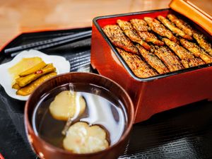 Plant-based unagi ju. at Loving Hut in Tokyo