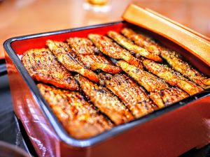 Plant-based unagi ju. at Loving Hut in Tokyo