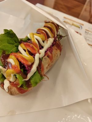 Delicious vegan hotdog at Loving Hut in Tokyo