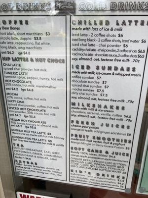 Drink menu at Snag & Brown in Annerley