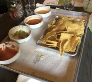 Salsa flight! The green salsa is my favorite. at Social Cantina in Bloomington