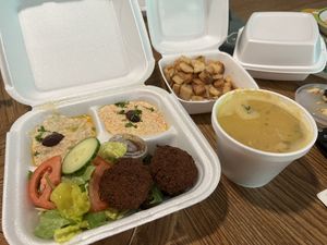 Vegetarian platter, Greek potatoes and lentil soup  at Olive Mediterranean Grill in Dayton
